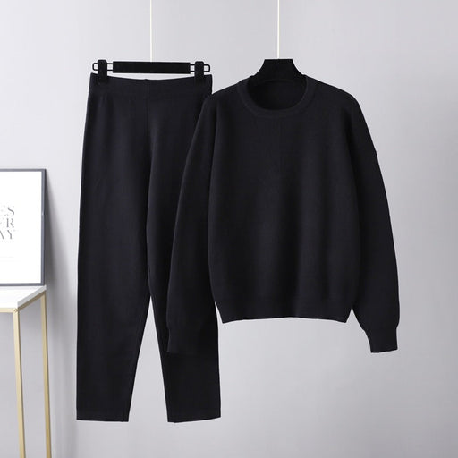 Color-Black-Autumn Winter Loose Casual Sweater Two Piece Set Solid Color Knitting Suit Women-Fancey Boutique