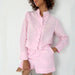 Color-Cotton Linen Pink Stand-up Collar Long-Sleeved Shorts Suit Summer Women Clothing Two Piece Suit-Fancey Boutique