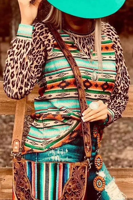 Color-Mulit-Autumn Leopard Print Diamond Long Sleeve Pullover round Neck Loose Women T shirt-Fancey Boutique