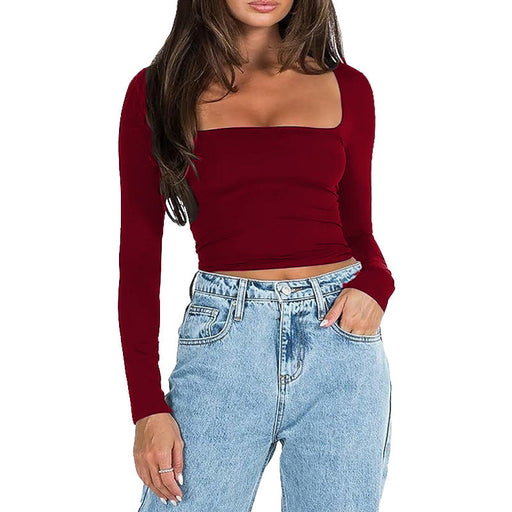 Color-Burgundy-Square Collar Cropped Casual Simple T shirt Sexy Slim Long Sleeve Bottoming Top for Women-Fancey Boutique