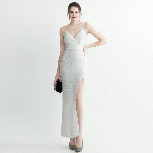 Color-Dream White-Heavy Industry Craft Beaded Plaid Sequin Side Slit Sexy Suspenders Dress-Fancey Boutique