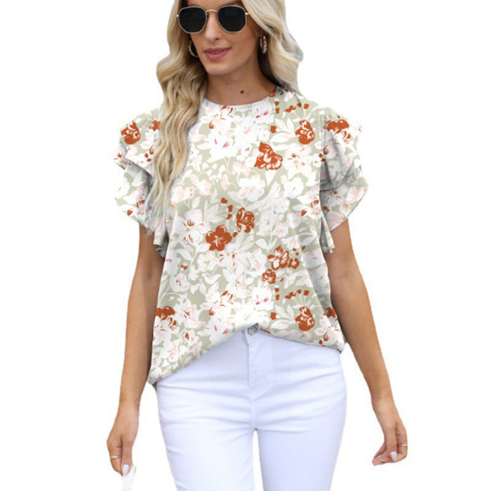 Color-Cyan with red pattern-Women Summer round Neck Printed Ruffled Short Sleeves Chiffon Shirt Floral Pullover T shirt-Fancey Boutique