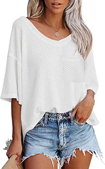 Color-White-Summer Women Clothing V neck Pocket Waffle Casual Short-Sleeved T shirt-Fancey Boutique