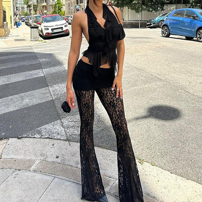 Color-Sexy All Matching Pants Lace Slim Fit Patchwork See through High Waist Flared Pants Women-Fancey Boutique