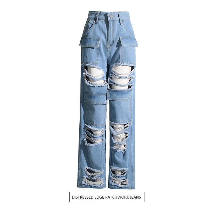 Color-Blue-Ripped Frayed Stitching Jeans Women Summer High Waist Wide Leg Pants Loose Street Slimming Retro Straight Leg Trousers-Fancey Boutique