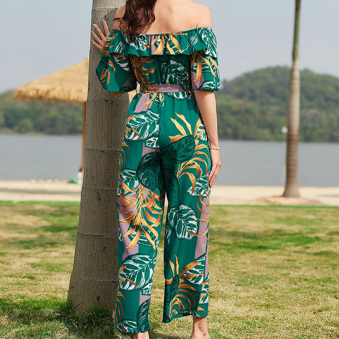 Color-Women Clothing Fashion off-Shoulder Floral Jumpsuit Summer Short Sleeve Chiffon Vacation Beach Jumpsuit-Fancey Boutique