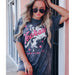 Color-Summer Thin Personalized Solid Color Guitar Vintage Print Pullover Round Neck Mid Length Short Sleeve Women-Fancey Boutique