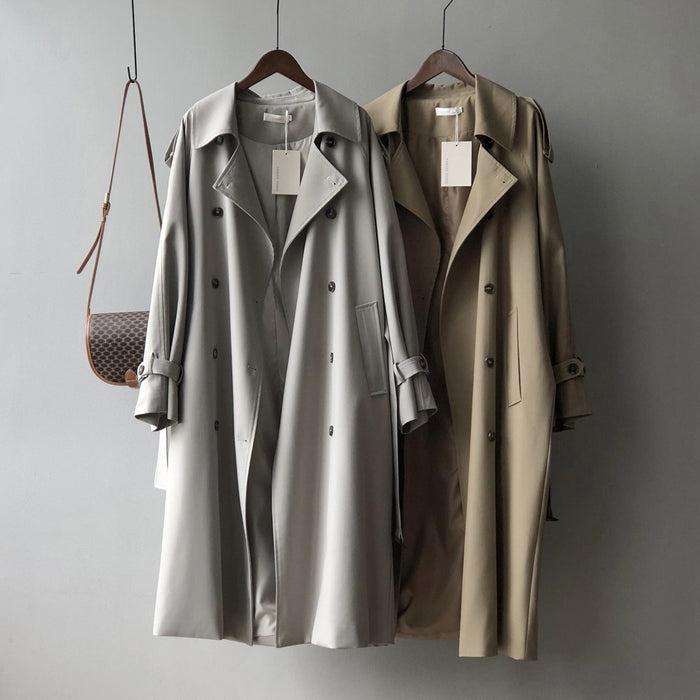 Color-Long Trench Coat for Women Autumn Korean Elegant Loose Waist Tight Slimming Casual Coat for Women-Fancey Boutique