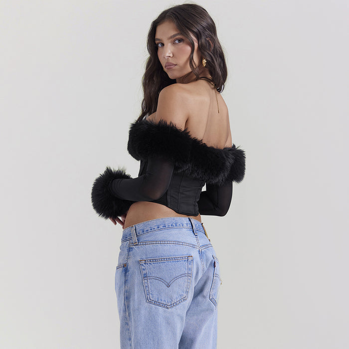 Color-Autumn Winter Sexy Wear Fur Collar off Shoulder Boning Corset Long Sleeve Short Slim Top Women Clothing-Fancey Boutique