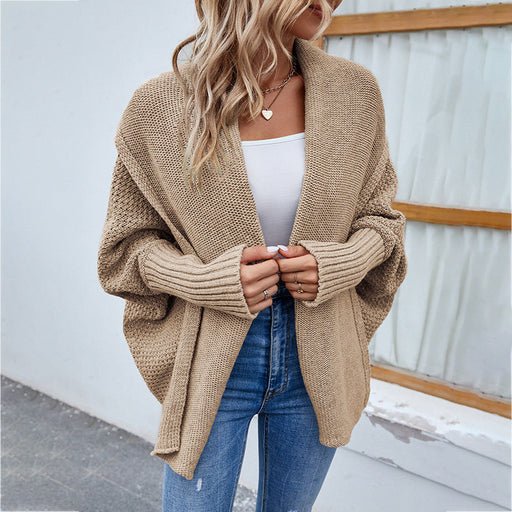 Color-Khaki-Autumn Winter Women Knitted Sweater Solid Color Batwing Sleeve Sweater Cardigan Coat Women-Fancey Boutique