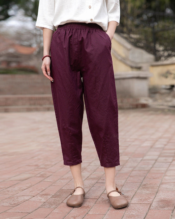 Color-Purple-Cotton Linen Women Clothing Spring Summer Artistic Cotton Linen Casual Pants Linen All Matching Slimming Cropped Pants Baggy Pants-Fancey Boutique