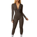 Color-Women Sports Jumpsuit Workout Ribbed Long Sleeve Zipper Casual Jumpsuit Trousers Tight-Fancey Boutique