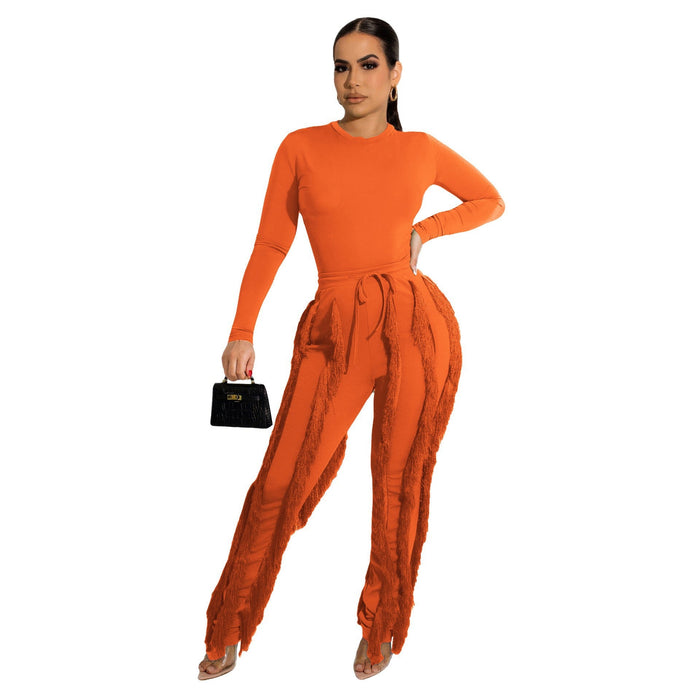 Color-Orange-Women Clothing Suit Tassel Lace Jumpsuit Two Piece Set Solid Color Sports Autumn Winter-Fancey Boutique