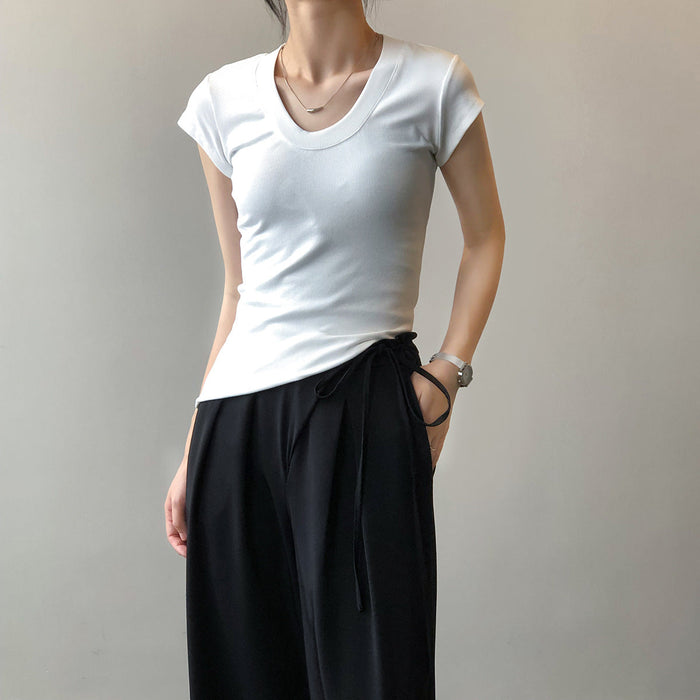 Color-Solid Color T shirt for Women Summer Simplicity U Collar Slimming Stretch T shirt Top for Women-Fancey Boutique