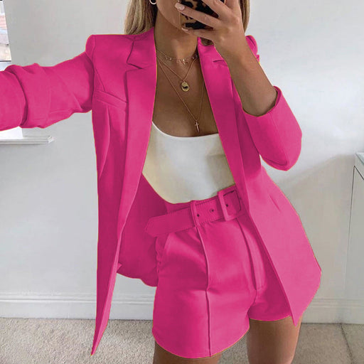 Color-Rose Red Suit-Top Shorts Suit with belt Sexy Women Casual Polo Collar Cardigan-Fancey Boutique