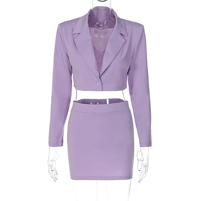 Color-Purple-Women Clothing Autumn Casual Short Small Suit Slim Skirt Set-Fancey Boutique