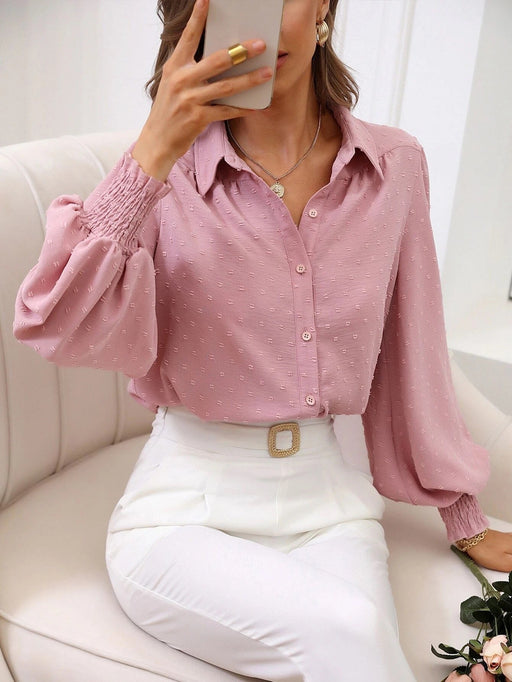 Color-Autumn Women Shirt Collared Lantern Sleeve Solid Color Shirt-Fancey Boutique