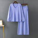 Color-Blue-Solid Color V neck Ice Silk Suit Spring Autumn Loose High Waist Casual Two Piece Sweater-Fancey Boutique