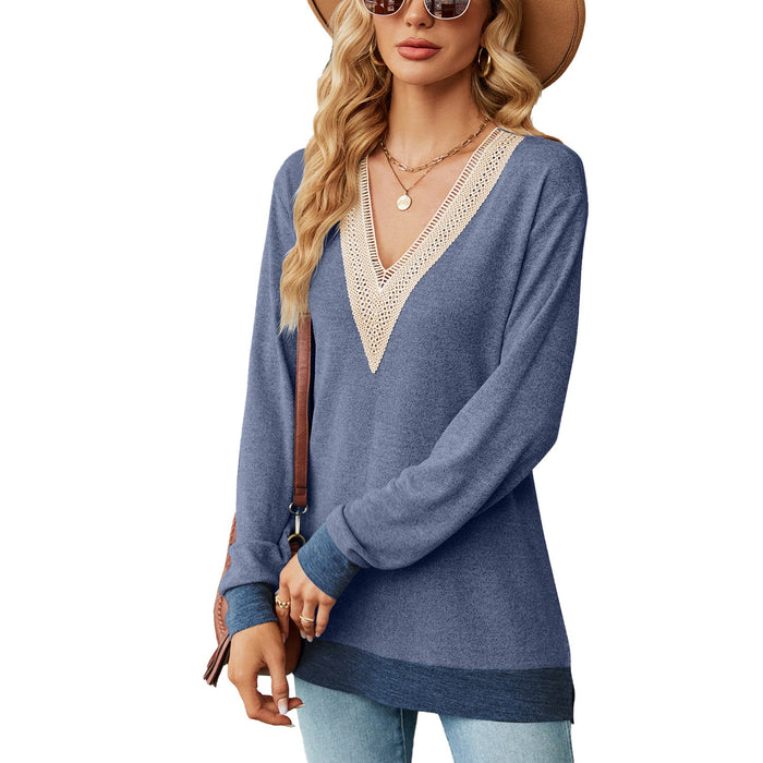 Color-Dream Blue-Autumn Winter Lace V-Collar Contrast Color Slit Loose Long Sleeve T-shirt Top Ladies-Fancey Boutique