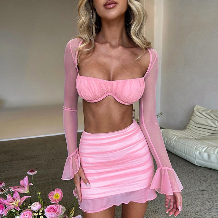 Color-Fall Women Clothing Sexy Flared Sleeve Mesh Top Pleated Skinny Hip Dress Two Piece Set-Fancey Boutique