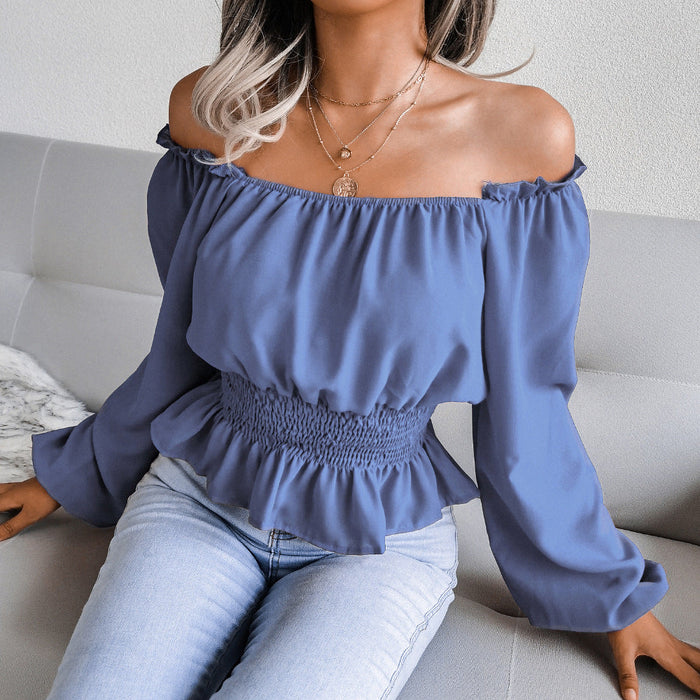 Color-Real Shot Autumn Winter Sexy Off Shoulder Off Shoulder Hem Ruffled Chiffon Shirt Top Women Clothing-Fancey Boutique