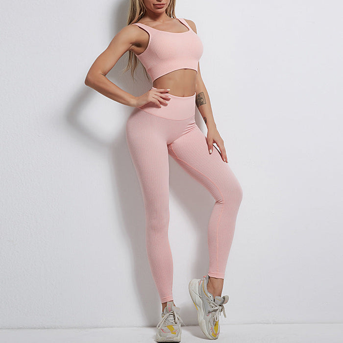 Color-Pink Two-Piece Set-No T Line Tights Fitness Suit Peach Hip Shaping High Waist Tight Sports Pants Back-Shaping Running Yoga Bra Women-Fancey Boutique