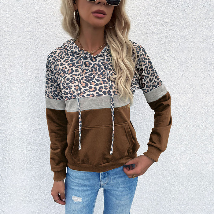 Color-Autumn Women Clothing With Pocket Hoodie With Drawstrings Stitching Leopard Print Sweater-Fancey Boutique