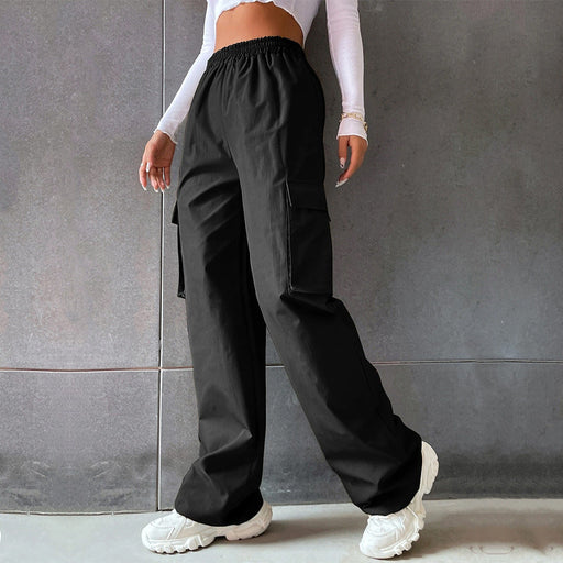 Color-Black-Women Clothing Street Solid Color Elastic Waist Pocket Casual Working Pants-Fancey Boutique