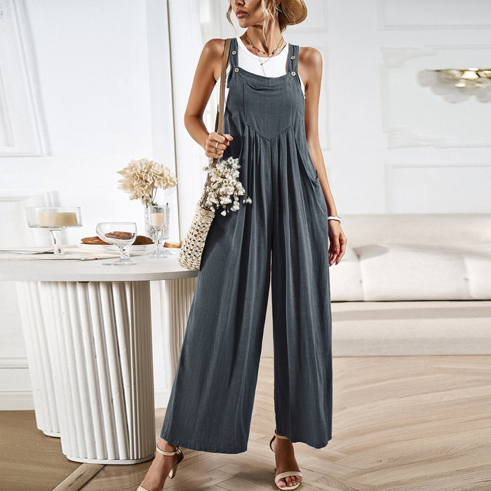 Color-Solid Color Suspender Pants Women Summer Loose Wide Leg One Piece Trousers-Fancey Boutique