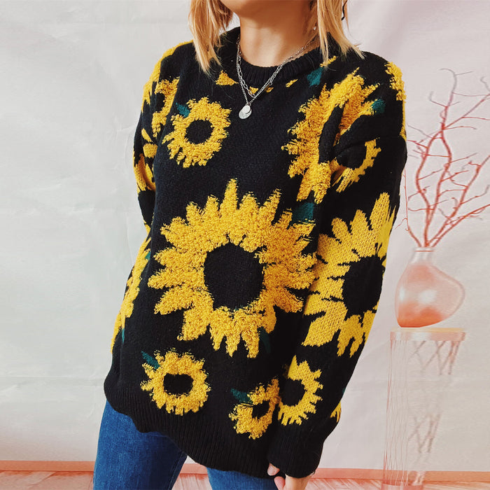 Color-Autumn Winter Top Sunflower Jacquard round Neck Long Sleeve Knitted Pullover Sweater Women-Fancey Boutique