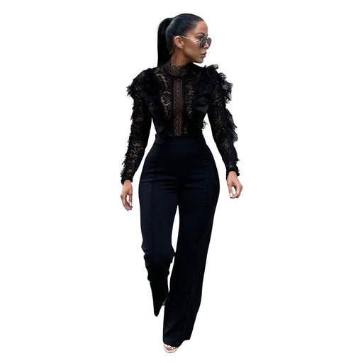 Color-Black-Women Clothing Autumn Winter Lace Tassel Trousers See Through Sexy Jumpsuit-Fancey Boutique