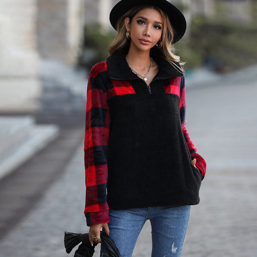 Color-Autumn Plush Women Clothing Half Long Sleeve Zipper Stand Collar Stitching Double Sided Flannel Plaid Pullover Sweater-Fancey Boutique
