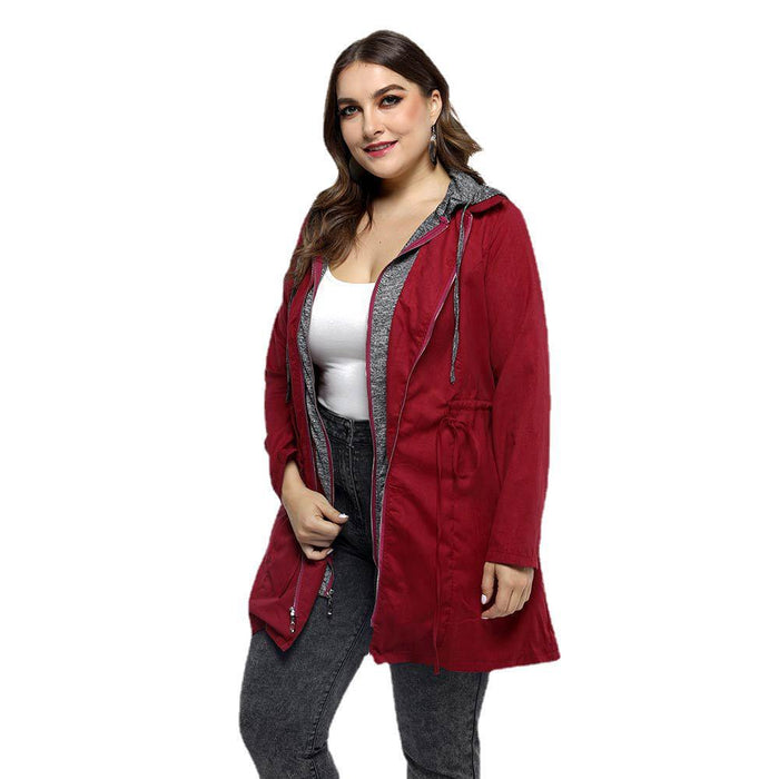 Color-Mid-Length Cotton-Padded Coat Women Winter Coat Zipper Faux Two-Piece Hooded plus Size Cotton Clothes Women-Fancey Boutique