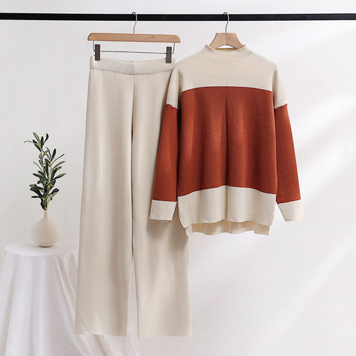 Color-Apricot-Autumn Winter Comfort Casual Contrast Color Suit Knitted Sweater Wide Leg Pants Office Two Piece Women Clothing-Fancey Boutique