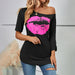 Color-Lip Printings Short Sleeved T shirt Women off Shoulder Irregular Asymmetric Sleeve Length Slim Top Summer-Fancey Boutique