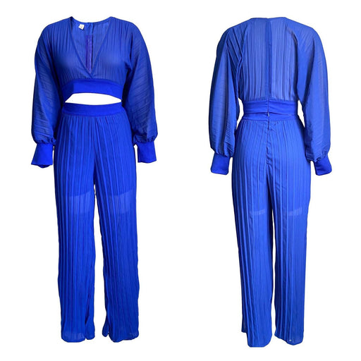 Color-Blue-Long Sleeved V neck Top Wide Leg Pants Suit Pleated Wide Leg Pants Two Piece Suit-Fancey Boutique