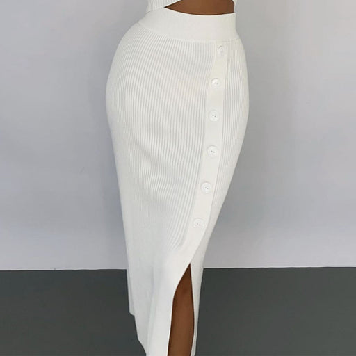 Color-White Skirt-Autumn Winter Slit Woolen Skirt Deep V Plunge Plunge High Elastic Sweater Setfor Women-Fancey Boutique