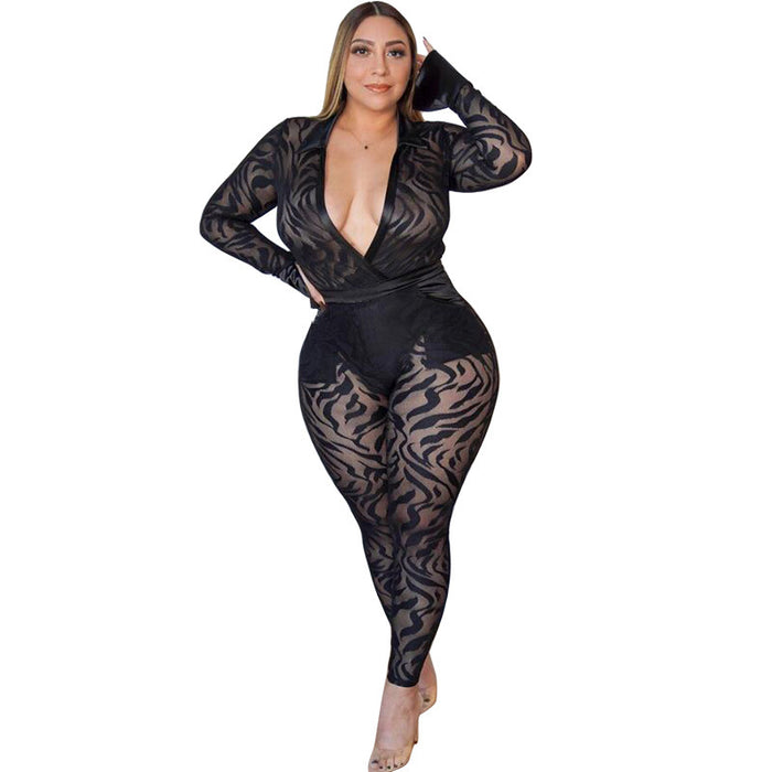 Color-Plus Size Women Clothing Sexy See-through Polyester Mesh Flocking Striped Tight Casual Two-Piece Suit-Fancey Boutique