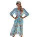 Color-V-neck High Waist Bohemian Dress Mid-Length A- line Dress-Fancey Boutique