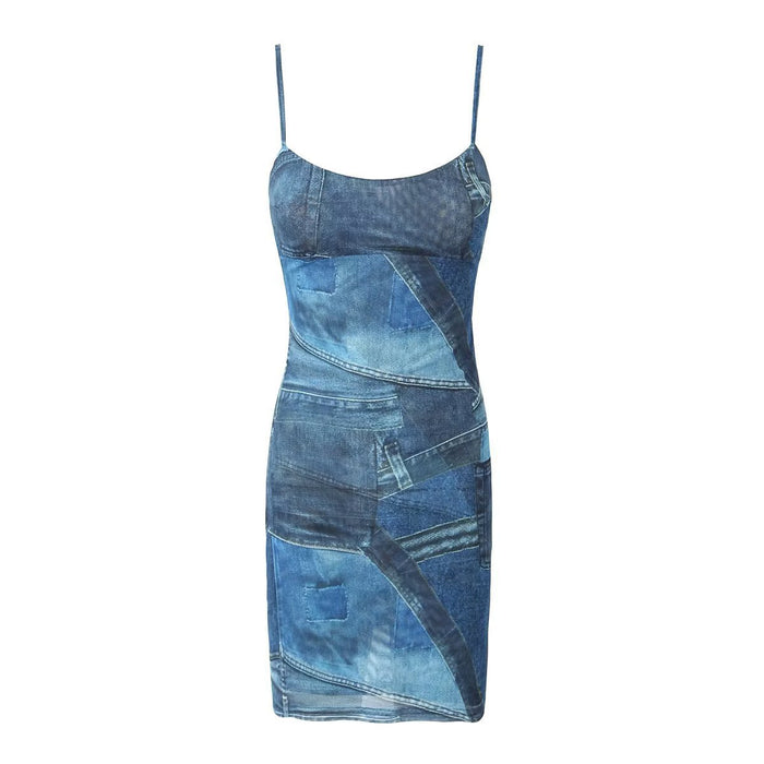 Color-【MOQ-5 packs】 Autumn Women Clothing Double Layer Denim Blue Mesh Printing Slip Dress-Fancey Boutique