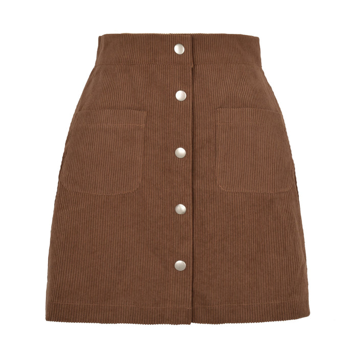 Color-Brown-Autumn Winter Corduroy Hip Skirt Single Breasted Slim Fit Solid Skirt Women Clothing-Fancey Boutique