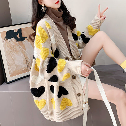 Color-Loose Lazy Sweater Coat for Women Autumn Winter Thickening Korean Fashionable Long Sweater Cardigan-Fancey Boutique