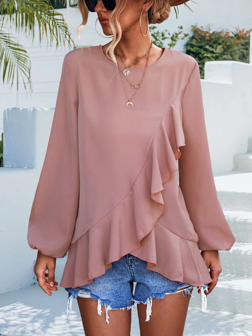 Color-Lotus root starch color-Spring Summer Solid Color Ruffles Lantern Sleeve Irregular Asymmetric Top-Fancey Boutique