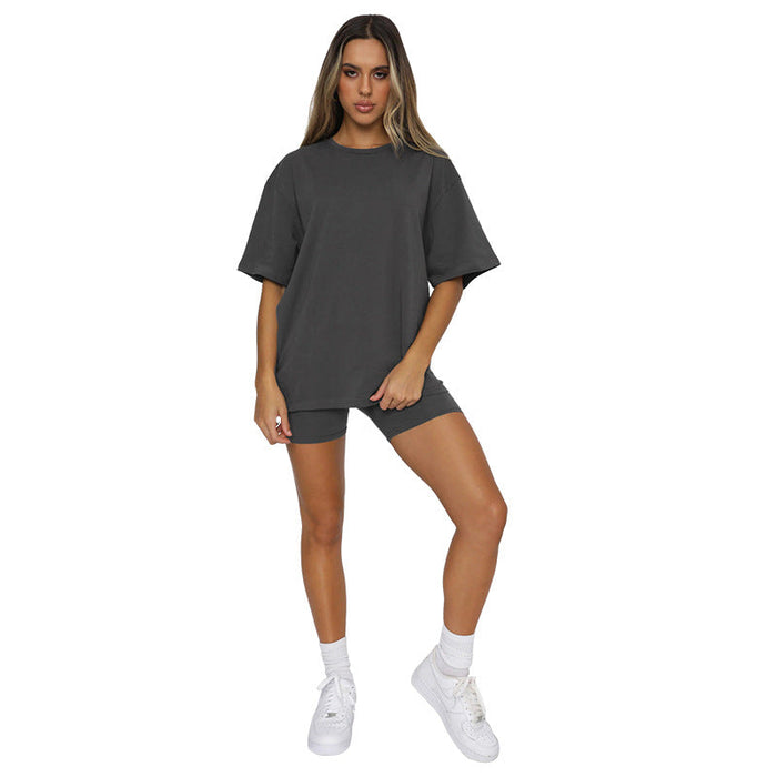 Color-Gray-Summer Solid Color Short Sleeve round Neck Pullover Top Urban Casual Shorts Suit Women-Fancey Boutique