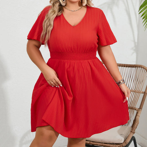 Color-Summer Women Clothing Solid Color plus Size Smocking V neck Waist Tight Women Short Sleeved Dress-Fancey Boutique