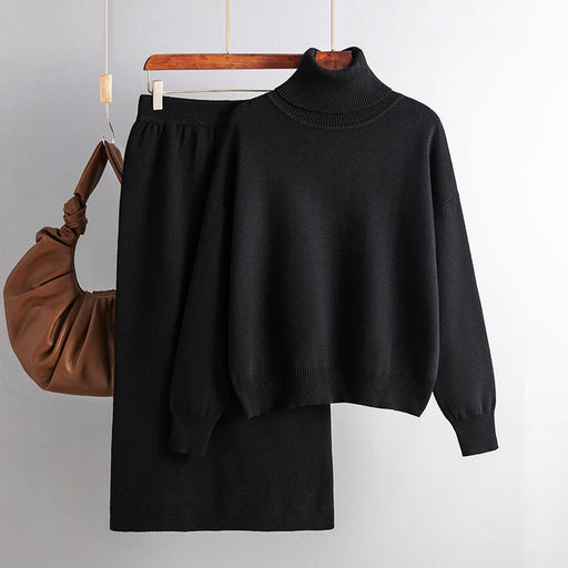 Color-Black-Solid Color Turtleneck Sweater Sheath Skirt Two Piece Set Autumn Winter Knitting Suit Women-Fancey Boutique