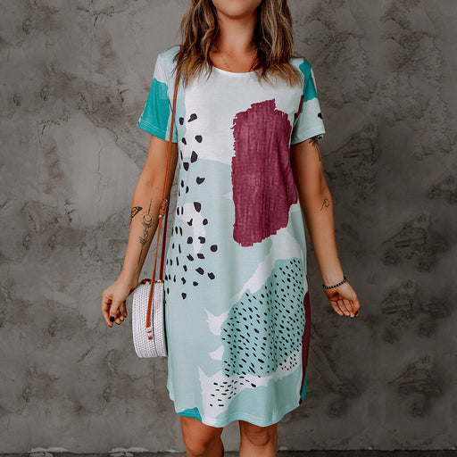 Color-Summer Floral Print round Neck Short Sleeve Casual Dress Women-Fancey Boutique