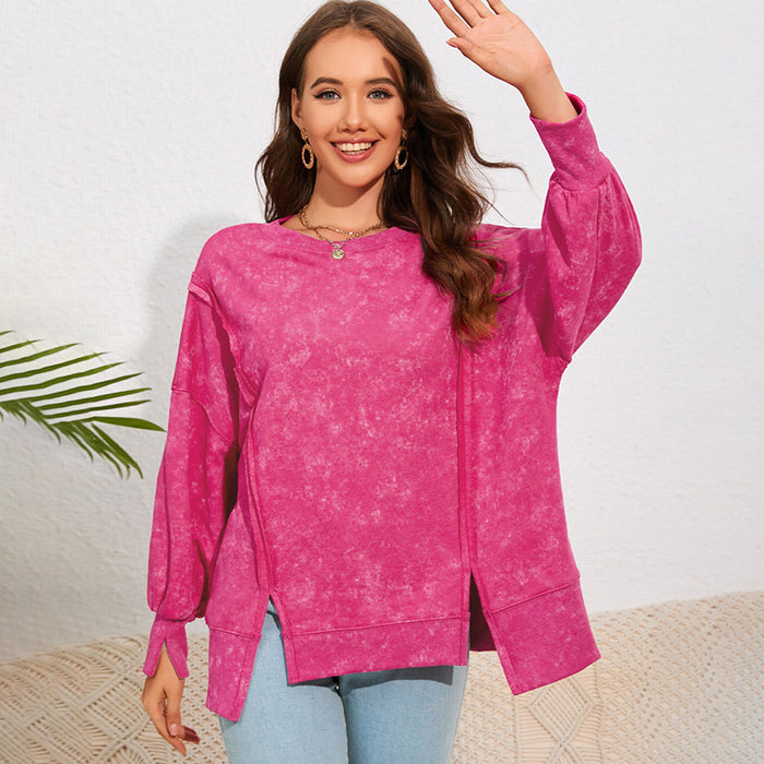 Color-Autumn Solid Color Pullover Sweatshirt Women Loose Design Split Pickling Long Sleeved Top for Women-Fancey Boutique