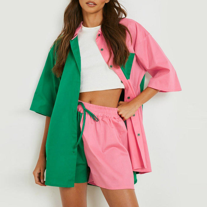 Color-Green and Pink-Spring Summer Casual Set Women Color Matching Super plus Size Half Length Sleeve Shirt Top Elastic Waist Shorts Two Piece Set-Fancey Boutique