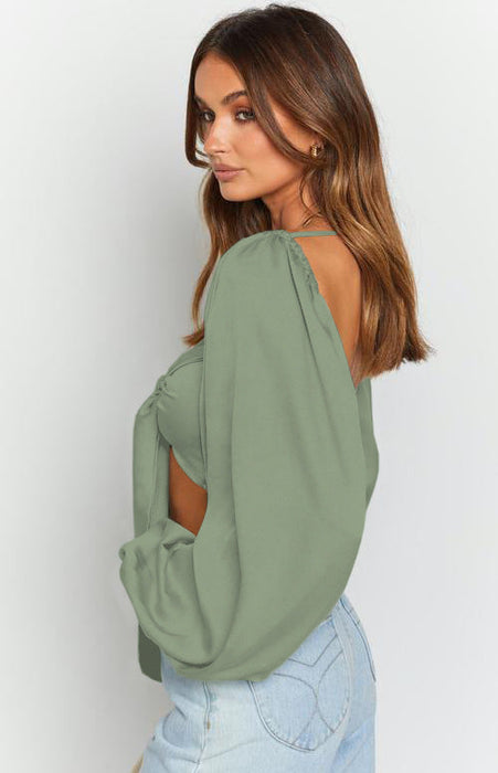 Color-Solid Color Sexy Square Neck Tied Long Sleeves Top Autumn Ultra Short Lantern Sleeve Backless Chiffon Shirt-Fancey Boutique
